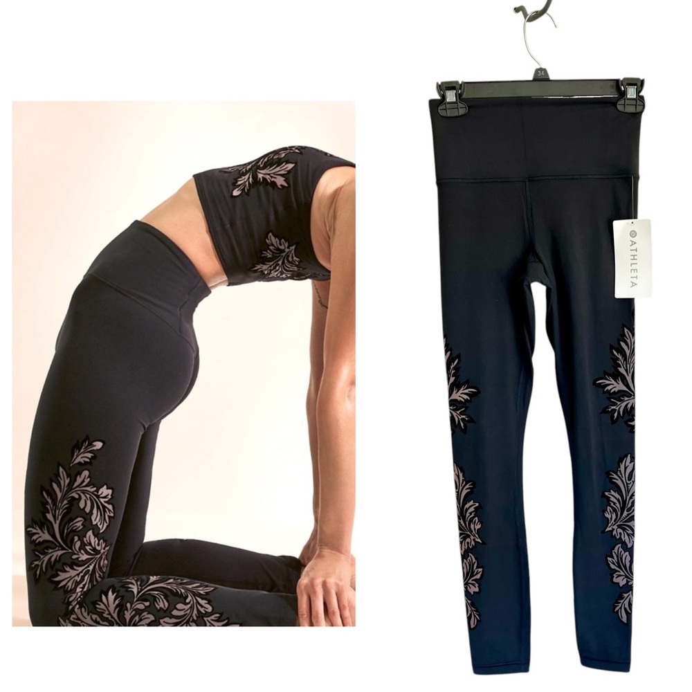 NWT Athleta Elation Printed Tight in Damask leaves black velvet flocked XS